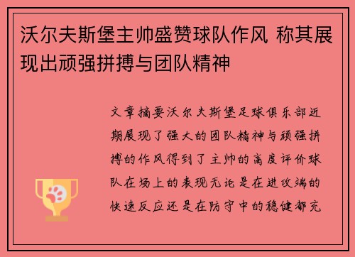 沃尔夫斯堡主帅盛赞球队作风 称其展现出顽强拼搏与团队精神