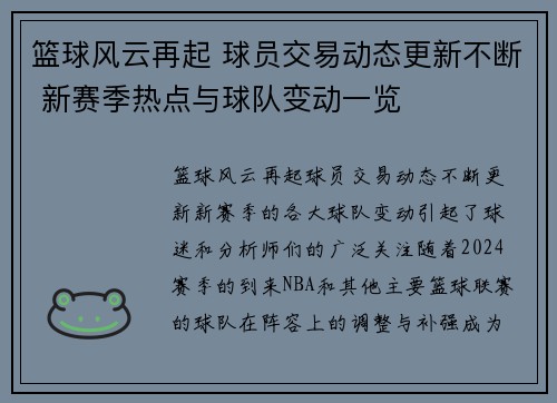 篮球风云再起 球员交易动态更新不断 新赛季热点与球队变动一览