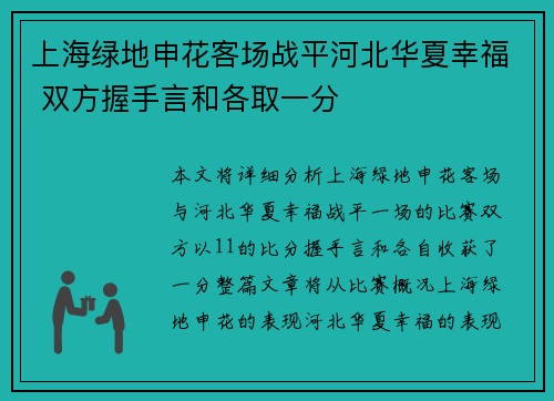 上海绿地申花客场战平河北华夏幸福 双方握手言和各取一分