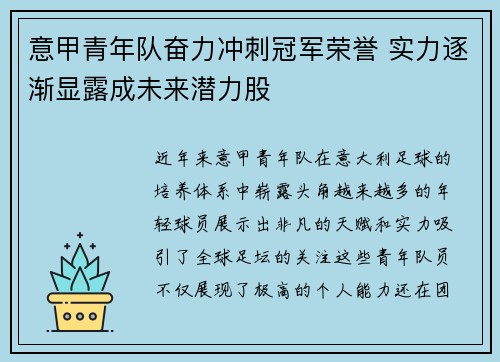 意甲青年队奋力冲刺冠军荣誉 实力逐渐显露成未来潜力股