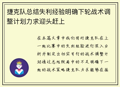 捷克队总结失利经验明确下轮战术调整计划力求迎头赶上